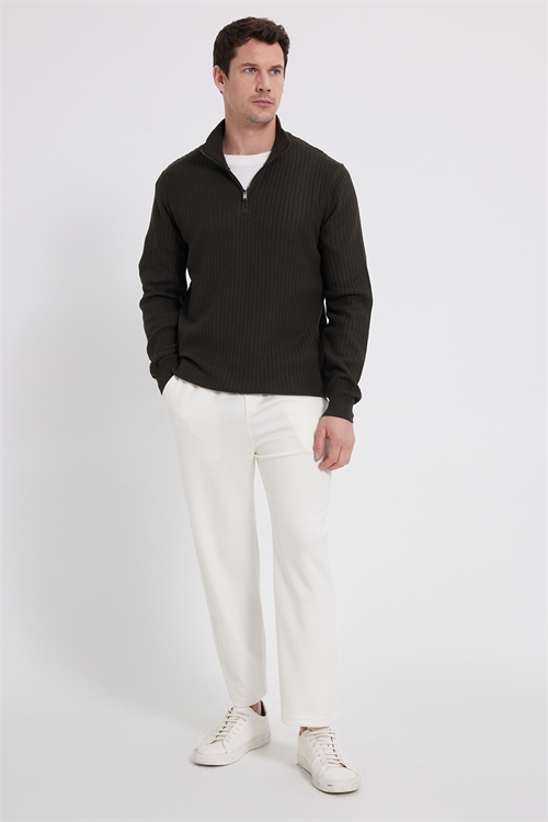 Erkek Slim Fit Dar Kesim Dik Yaka Fermuarlı Koyu Haki Kazak