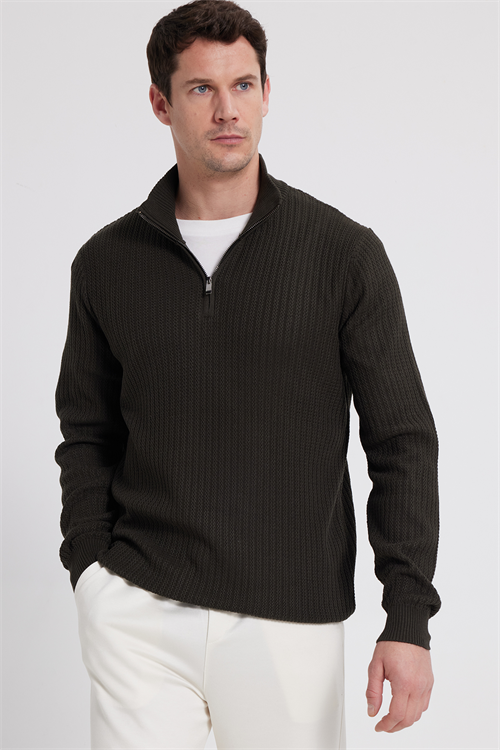 Erkek Slim Fit Dar Kesim Dik Yaka Fermuarlı Koyu Haki Kazak