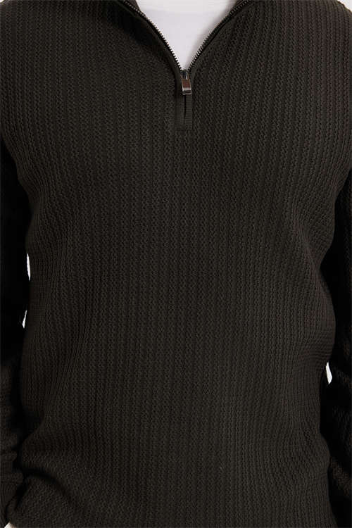 Erkek Slim Fit Dar Kesim Dik Yaka Fermuarlı Koyu Haki Kazak