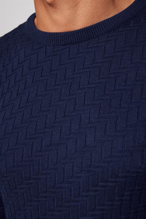 Erkek Slim Fit Dar Kesim Bisiklet Yaka Desenli Lacivert Triko Kazak
