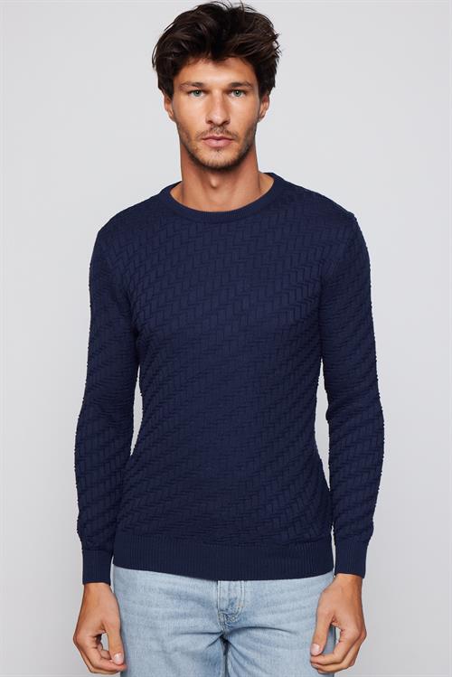 Erkek Slim Fit Dar Kesim Bisiklet Yaka Desenli Lacivert Triko Kazak