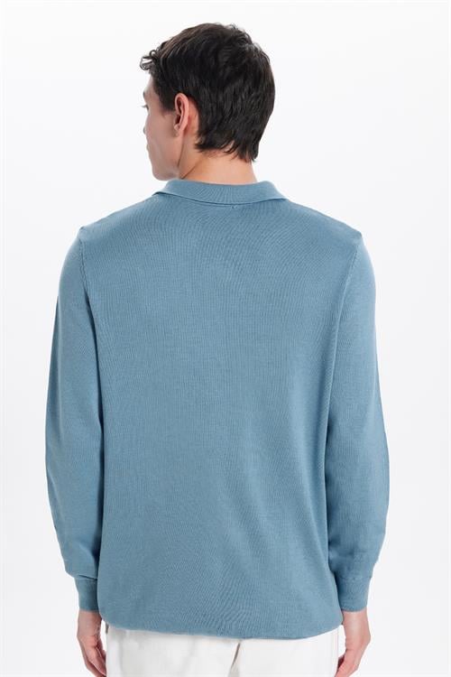 Erkek Standart Fit Normal Kesim Polo V Yaka İndigo Triko Kazak
