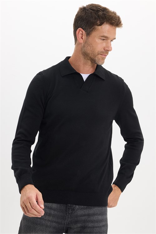Erkek Standart Fit Normal Kesim Polo V Yaka Siyah Triko Kazak