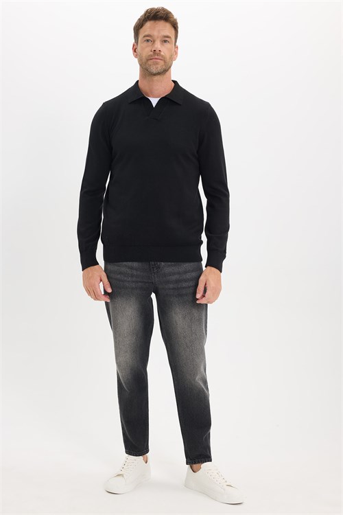 Erkek Standart Fit Normal Kesim Polo V Yaka Siyah Triko Kazak
