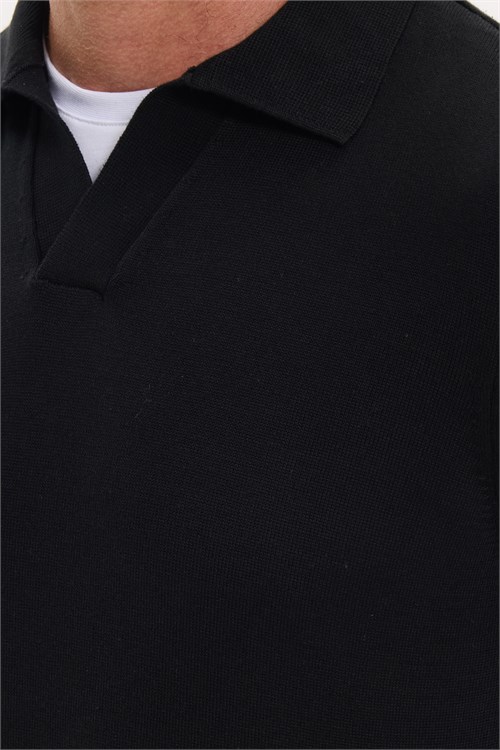 Erkek Standart Fit Normal Kesim Polo V Yaka Siyah Triko Kazak