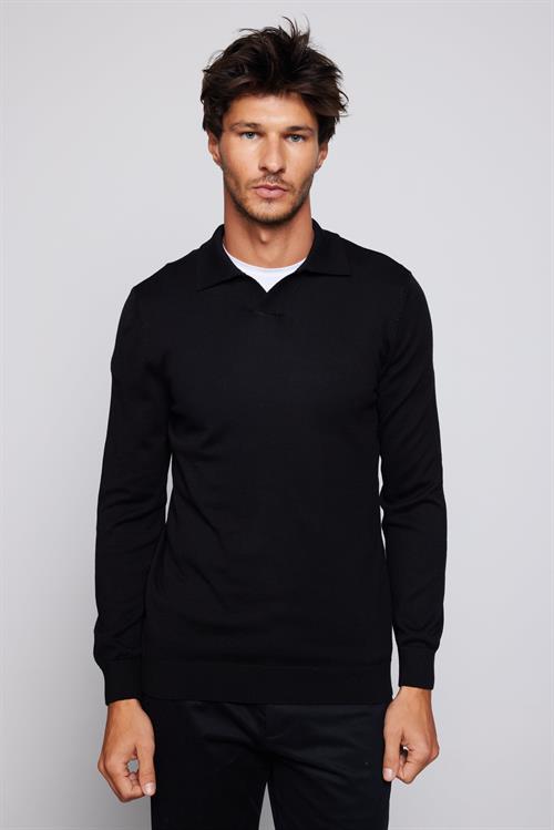 Erkek Standart Fit Normal Kesim Polo V Yaka Siyah Triko Kazak