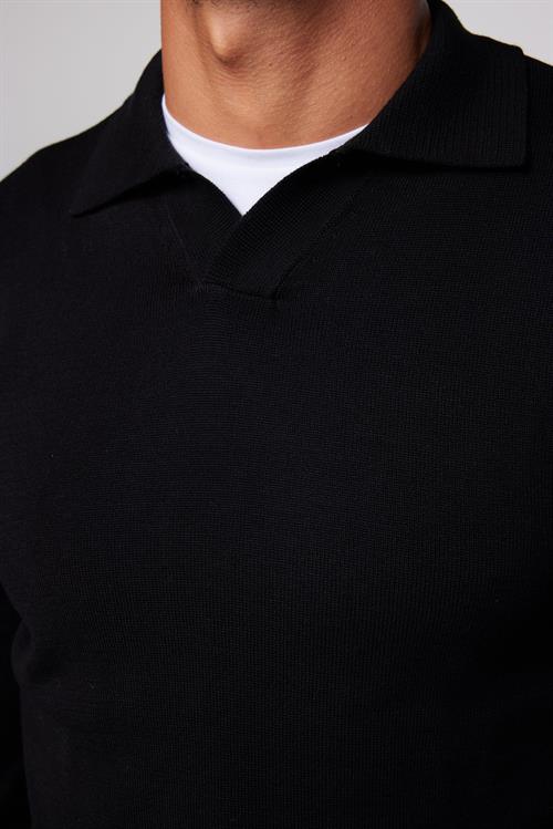 Erkek Standart Fit Normal Kesim Polo V Yaka Siyah Triko Kazak