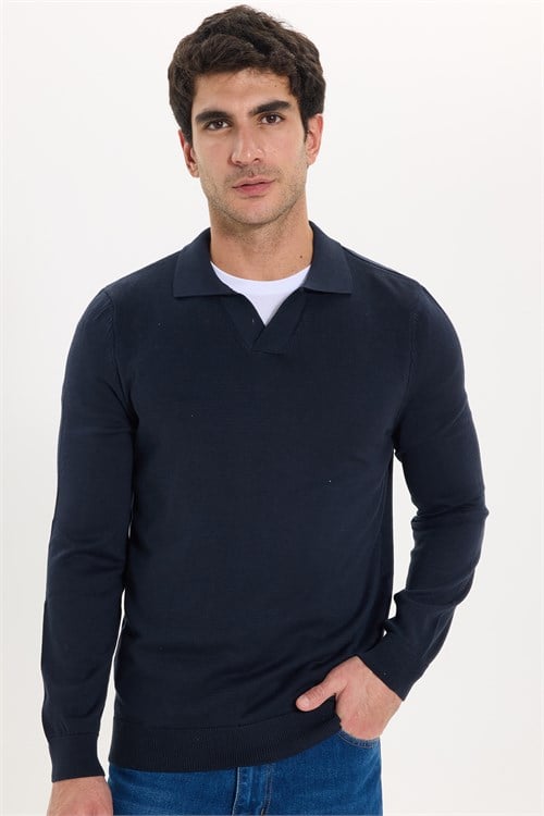 Erkek Standart Fit Normal Kesim Polo V Yaka Lacivert Triko Kazak