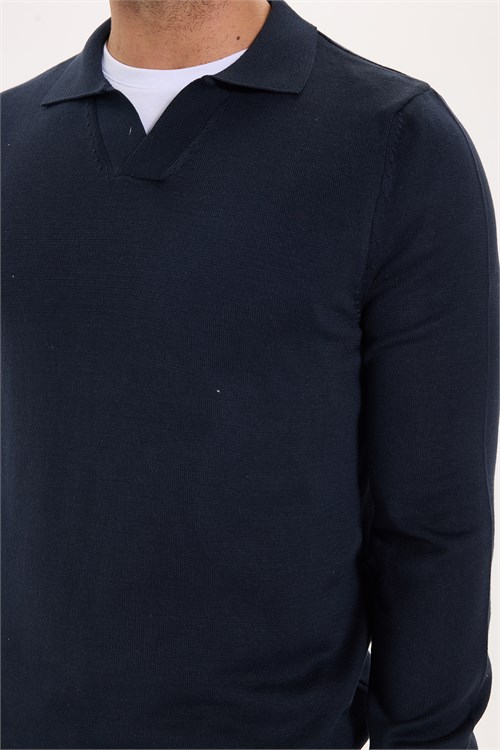 Erkek Standart Fit Normal Kesim Polo V Yaka Lacivert Triko Kazak