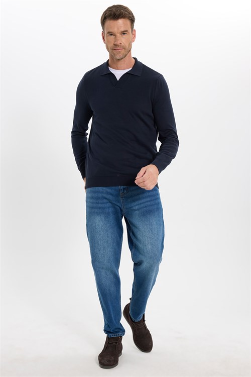Erkek Standart Fit Normal Kesim Polo V Yaka Lacivert Triko Kazak