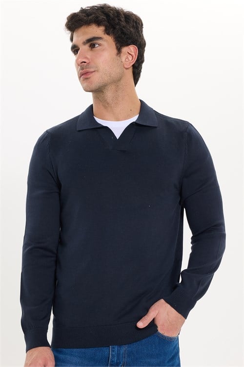 Erkek Standart Fit Normal Kesim Polo V Yaka Lacivert Triko Kazak