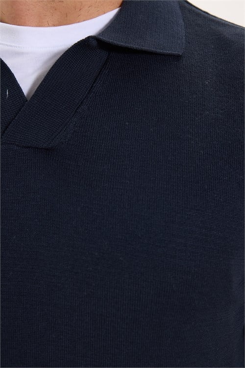 Erkek Standart Fit Normal Kesim Polo V Yaka Lacivert Triko Kazak