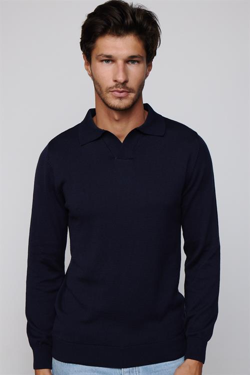 Erkek Standart Fit Normal Kesim Polo V Yaka Lacivert Triko Kazak