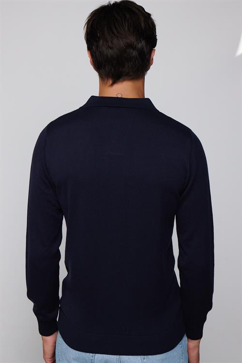 Erkek Standart Fit Normal Kesim Polo V Yaka Lacivert Triko Kazak