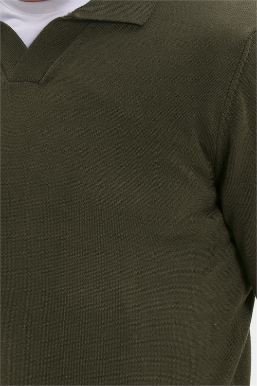 Erkek Standart Fit Normal Kesim Polo V Yaka Yeşil Triko Kazak