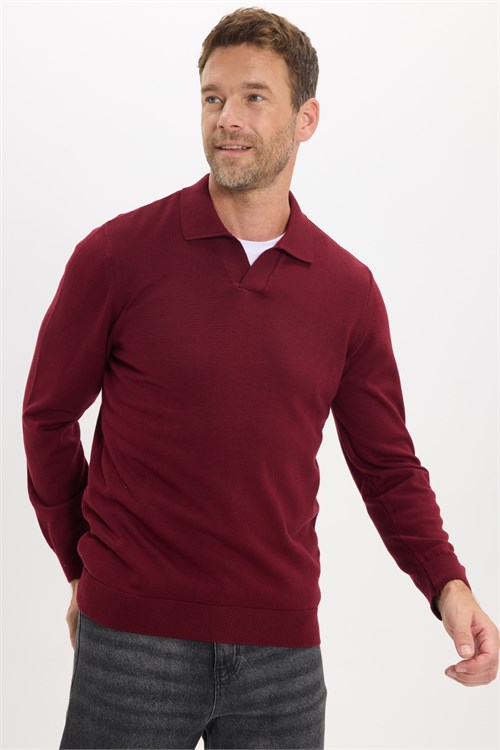 Erkek Standart Fit Normal Kesim Polo V Yaka Bordo Triko Kazak