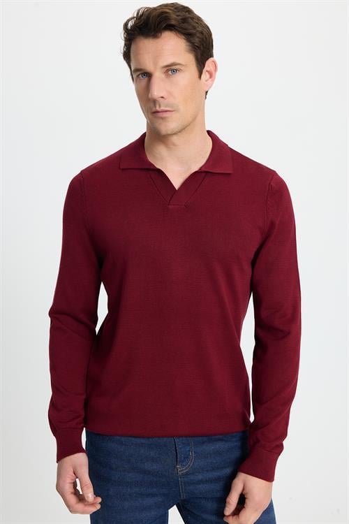 Erkek Standart Fit Normal Kesim Polo V Yaka Bordo Triko Kazak