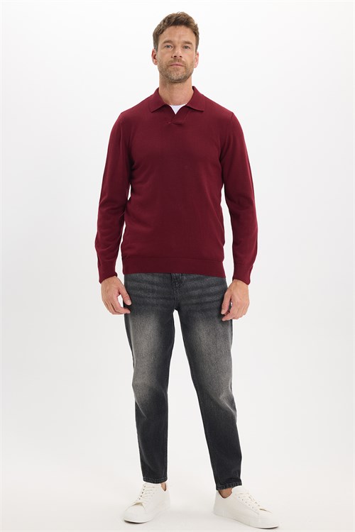 Erkek Standart Fit Normal Kesim Polo V Yaka Bordo Triko Kazak