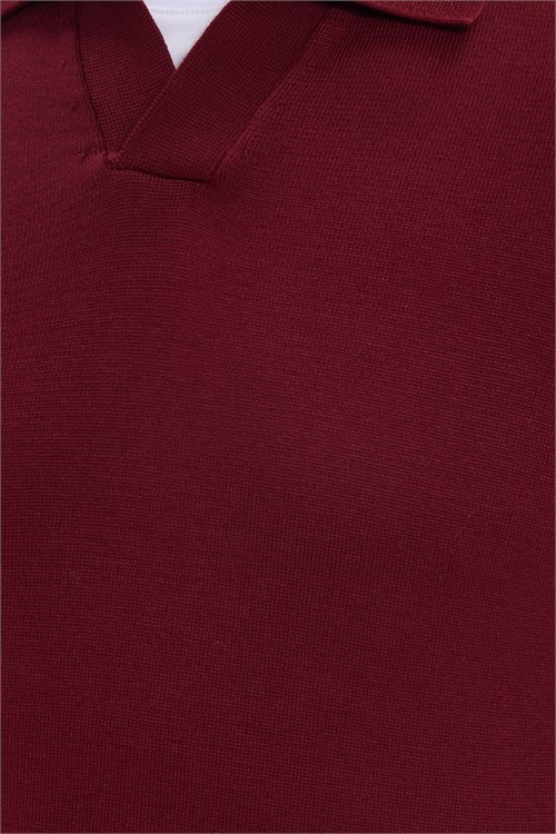 Erkek Standart Fit Normal Kesim Polo V Yaka Bordo Triko Kazak