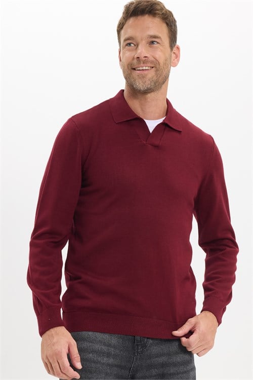 Erkek Standart Fit Normal Kesim Polo V Yaka Bordo Triko Kazak