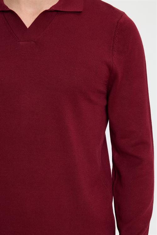 Erkek Standart Fit Normal Kesim Polo V Yaka Bordo Triko Kazak