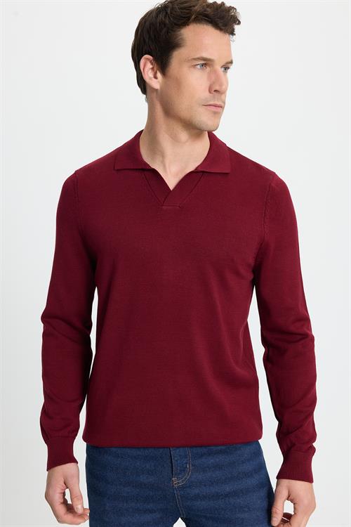 Erkek Standart Fit Normal Kesim Polo V Yaka Bordo Triko Kazak