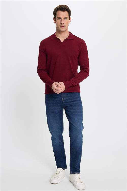 Erkek Standart Fit Normal Kesim Polo V Yaka Bordo Triko Kazak