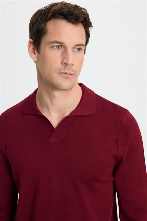 Erkek Standart Fit Normal Kesim Polo V Yaka Bordo Triko Kazak