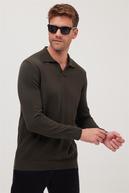 Erkek Standart Fit Normal Kesim Polo V Yaka Gri Triko Kazak