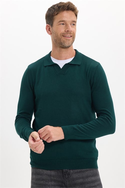 Erkek Standart Fit Normal Kesim Polo V Yaka Yeşil Triko Kazak