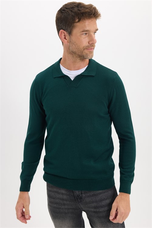 Erkek Standart Fit Normal Kesim Polo V Yaka Yeşil Triko Kazak