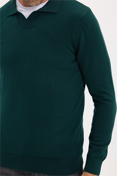 Erkek Standart Fit Normal Kesim Polo V Yaka Yeşil Triko Kazak