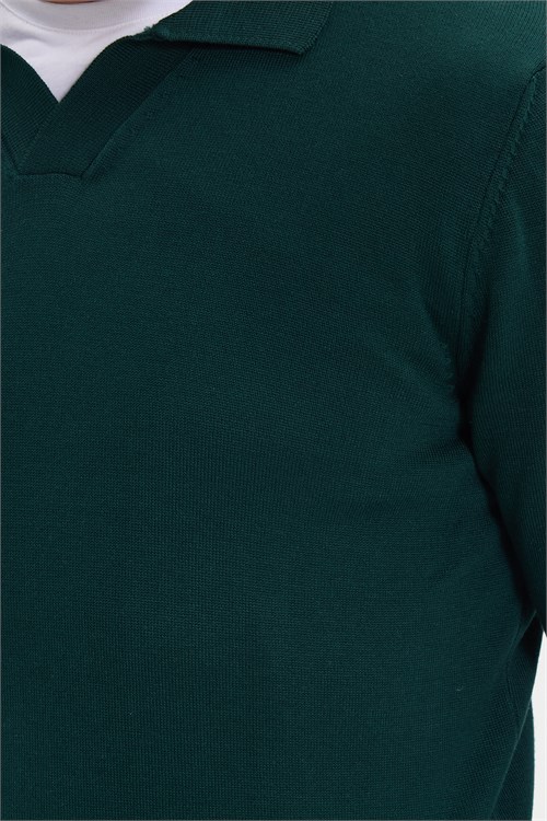 Erkek Standart Fit Normal Kesim Polo V Yaka Yeşil Triko Kazak