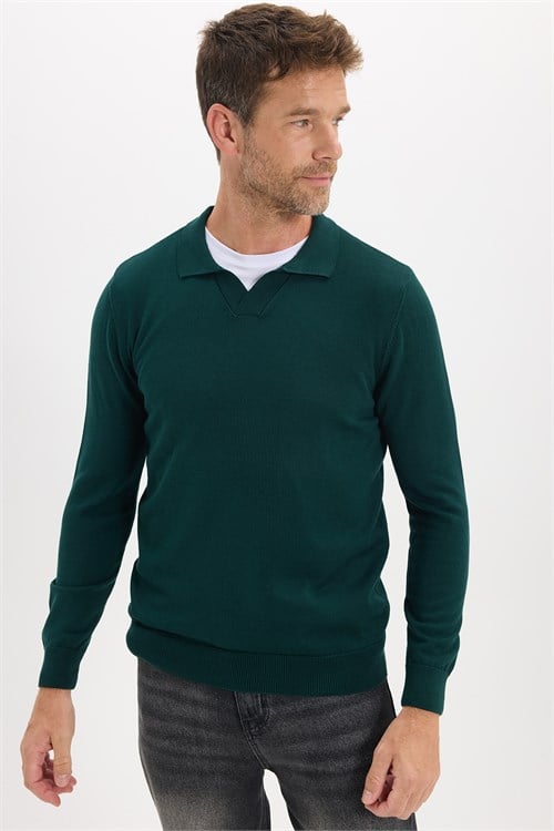 Erkek Standart Fit Normal Kesim Polo V Yaka Yeşil Triko Kazak