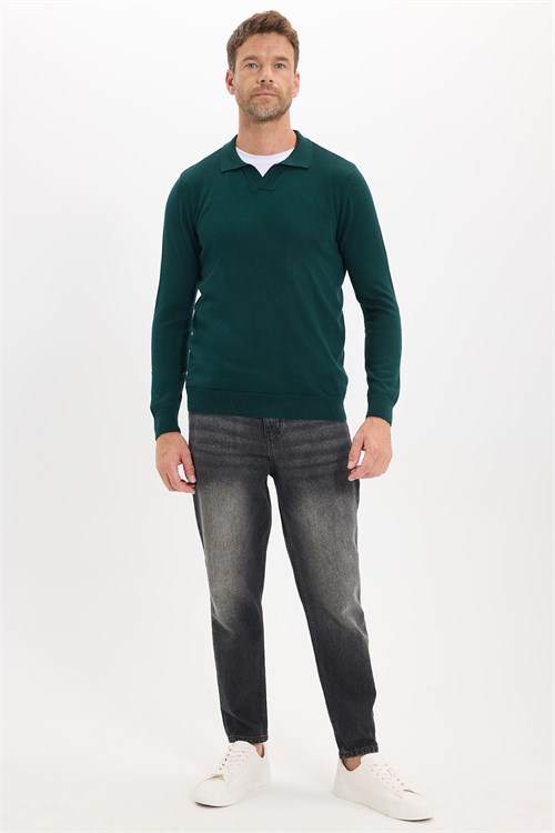 Erkek Standart Fit Normal Kesim Polo V Yaka Yeşil Triko Kazak