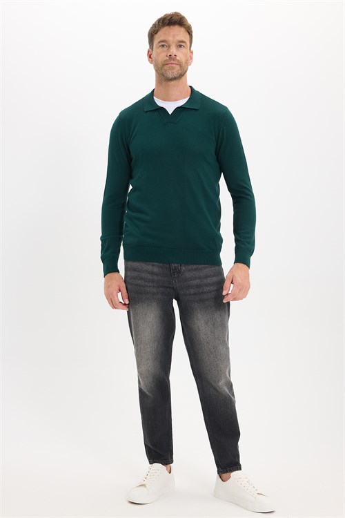 Erkek Standart Fit Normal Kesim Polo V Yaka Yeşil Triko Kazak