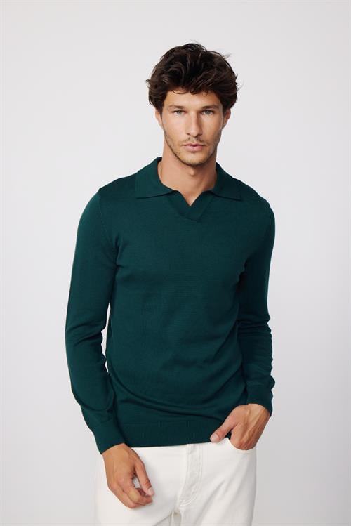 Erkek Standart Fit Normal Kesim Polo V Yaka Yeşil Triko Kazak