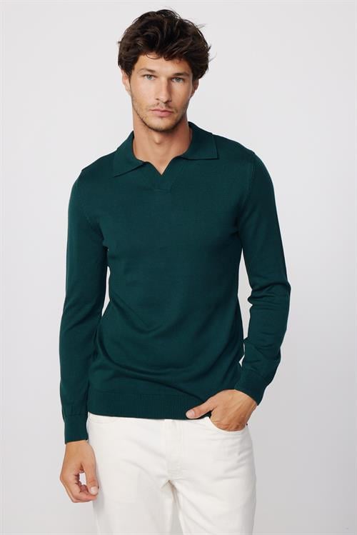Erkek Standart Fit Normal Kesim Polo V Yaka Yeşil Triko Kazak
