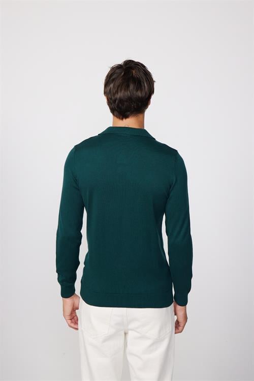 Erkek Standart Fit Normal Kesim Polo V Yaka Yeşil Triko Kazak
