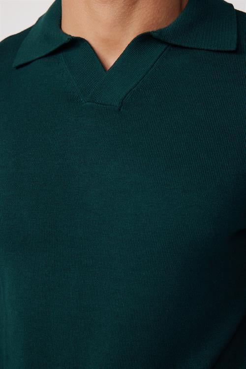 Erkek Standart Fit Normal Kesim Polo V Yaka Yeşil Triko Kazak