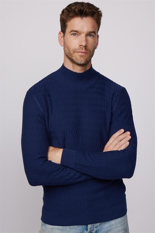 Erkek Slim Fit Dar Kesim Yarım Balıkçı Yaka Desenli Tüylenmeyen Lacivert Triko Kazak