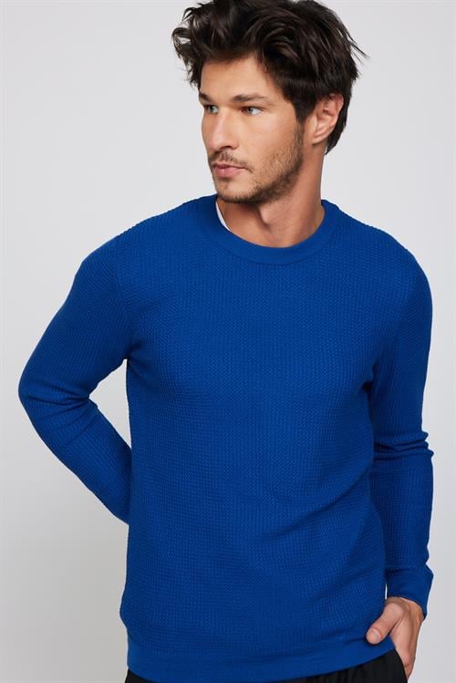 Slim Fit Bisiklet Yaka Desenli Saks Mavi Erkek Kazak