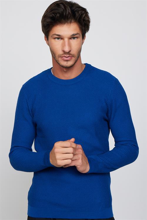 Slim Fit Bisiklet Yaka Desenli Saks Mavi Erkek Kazak
