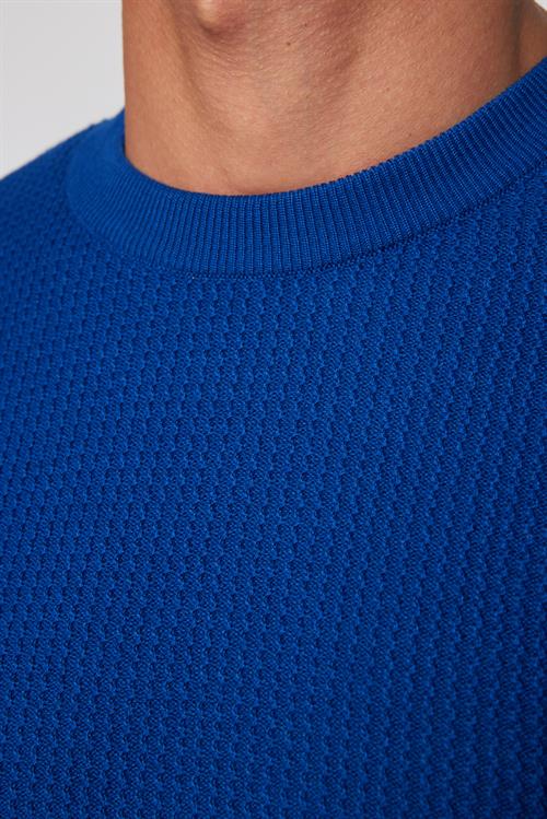 Slim Fit Bisiklet Yaka Desenli Saks Mavi Erkek Kazak