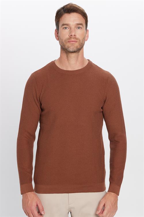 Slim Fit Bisiklet Yaka Desenli Taba Erkek Kazak