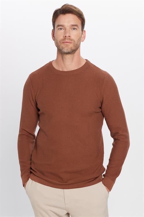 Slim Fit Bisiklet Yaka Desenli Taba Erkek Kazak
