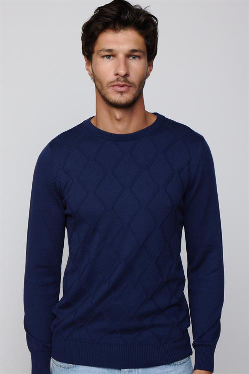 Slim Fit Bisiklet Yaka Desenli Lacivert Erkek Triko Kazak