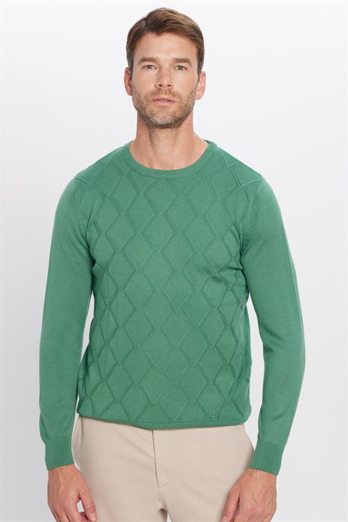 Slim Fit Bisiklet Yaka Desenli Yeşil Erkek Triko Kazak