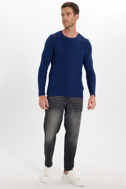 Erkek Slim Fit Dar Kesim Pamuklu Desenli Yumuşak Dokulu Saks Mavi Bisiklet Yaka Kazak