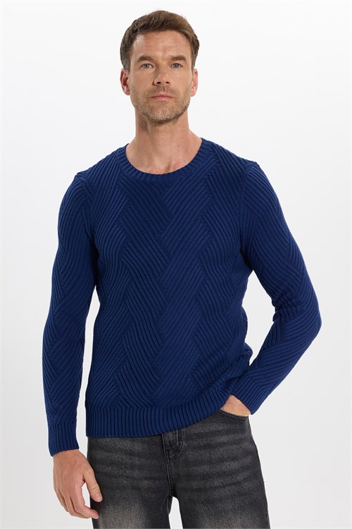 Erkek Slim Fit Dar Kesim Pamuklu Desenli Yumuşak Dokulu Saks Mavi Bisiklet Yaka Kazak